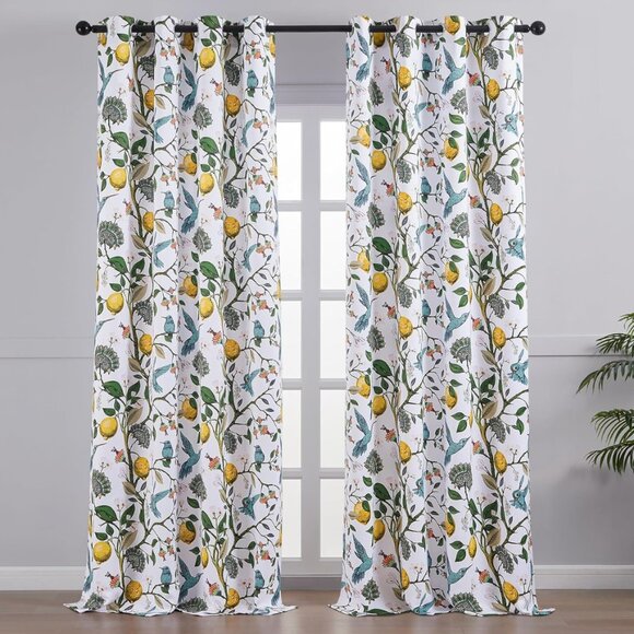 Floral Lemon Hummingbird Curtains Patterned Waverly Mid-Century Style - Picture 3 of 9